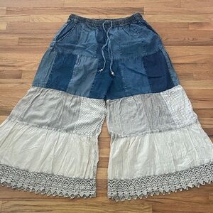 Wide Leg Patchwork Denim & Cream Boho Pants
